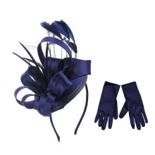 (Navy Blue) Feather Fascinator Hat Rose Red with Gloves Vintage British Style for Wedding & Tea Party