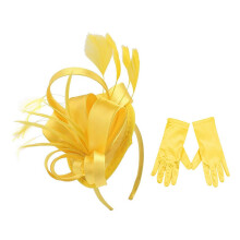(Yellow) Feather Fascinator Hat Rose Red with Gloves Vintage British Style for Wedding & Tea Party