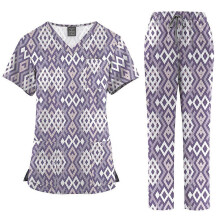 (45001-1, S) Damen-Print-Schwesternset aus atmungsaktivem Stretchstoff mit V-Ausschnitt und Mehrzwecktaschen