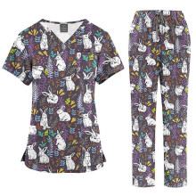 (45001-10, XL) Women's Printed Scrub Set, Breathable Fabric with Multiple Pockets, V-Neck Top and Pants, Hospital Nurse Workwear