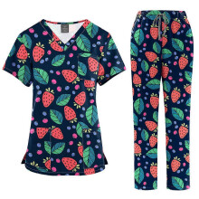 (45001-7, S) Damen-Print-Schwesternset aus atmungsaktivem Stretchstoff mit V-Ausschnitt und Mehrzwecktaschen