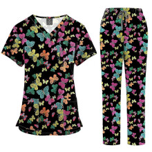 (45001-13, M) Damen-Print-Schwesternset aus atmungsaktivem Stretchstoff mit V-Ausschnitt und Mehrzwecktaschen