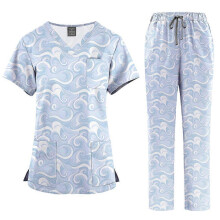 (45001-5, XXL) Damen-Print-Schwesternset aus atmungsaktivem Stretchstoff mit V-Ausschnitt und Mehrzwecktaschen