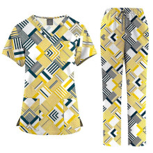 (45001-3, S) Damen-Print-Schwesternset aus atmungsaktivem Stretchstoff mit V-Ausschnitt und Mehrzwecktaschen