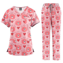 (45001-9, M) Damen-Print-Schwesternset aus atmungsaktivem Stretchstoff mit V-Ausschnitt und Mehrzwecktaschen