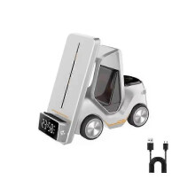 (White) 3-in-1 Forklift Wireless Charging Station with Clock and Ambient Light, PC+ABS, 180x165x80mm, Universal, White Black Yellow Orange