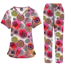 (45001-6-S) Women's V-Neck Scrub Set, Comfort Stretch Fabric, Functional Pockets, Printed Medical Uniform