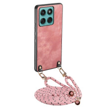 (Pink) Handyhülle kompatibel mit Motorola Edge 60 Fusion 5G mit verstellbarem Riemen und Lederrückseite