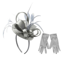 (Gray) Feather Fascinator Hat Rose Red with Gloves Vintage British Style for Wedding & Tea Party
