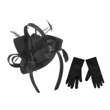 (Black) Feather Fascinator Hat Rose Red with Gloves Vintage British Style for Wedding & Tea Party