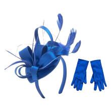 (Royal Blue) Feather Fascinator Hat Rose Red with Gloves Vintage British Style for Wedding & Tea Party