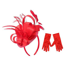 (Red) Feather Fascinator Hat Rose Red with Gloves Vintage British Style for Wedding & Tea Party