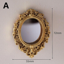 (A) Miniatur-Rundspiegel mit Schnitzereien, Puppenhauszubehör aus Kunstharz, Gold/Silber, für die Dekoration von Miniatur-Lebensszenen