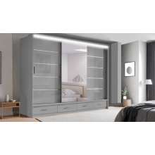 (256cm, Grey) Modern High Gloss Sliding door Wardrobe with Long LED