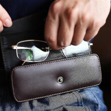(dark coffee) Leather Glasses Case with Belt, Compatible with Most Eyewear, Hard Shell for Lens Protection