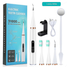 (White, Deluxe Edition) Levigatore dentale elettrico a 5 velocità, 31000 VPM, impermeabile IPX6, ricaricabile USB, set pulizia denti per igiene orale