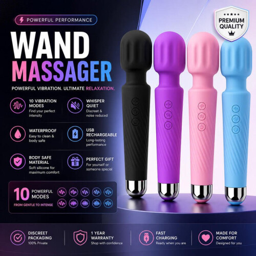 10 Mode Rechargeable Wand Massager Waterproof Silicone Deep Tissue Massage Blue 2
