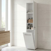 (White) Tall Bathroom Storage Cabinet with Laundry Basket - Freestanding Wooden Cupboard & Bathroom Organizer (31 cm W x 30 cm D x 174 cm H)