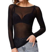 (Black, 2XL) Top da donna a maniche lunghe trasparente con scollo rotondo, ideale per tutte le stagioni e per un look casual.