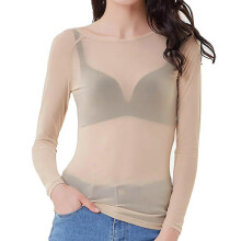 (Beige, S) Damestop met lange mouwen, doorschijnend en met ronde hals, geschikt voor alle seizoenen en als casual kledingstuk.