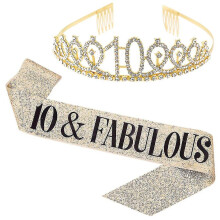 (Golden, 10 Years Old) Belt and Crown Set for Birthday Party Artificial Leather Shiny Celebration