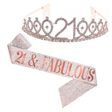 (Rose Gold, 21 Years Old) Belt and Crown Set for Birthday Party Artificial Leather Shiny Celebration