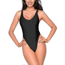 (A black, Medium) Damesbadpak met T-rug, hoog uitgesneden model, eendelig model met verstelbare bandjes.