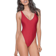 (Red, Small) Traje de baño de una pieza con espalda en T y corte alto para mujer, con tirantes ajustables.