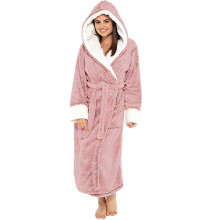 (Pink, M) Accappatoio da donna in pelliccia sintetica con cappuccio, lungo e soffice, ideale per la casa.