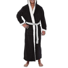 (Black, XL) Bata de baño larga con capucha para hombre, suave y cálida, manga larga con cinturón.