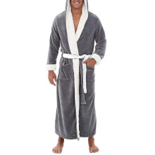 (Gray, 2XL) Bata de baño larga con capucha para hombre, suave y cálida, manga larga con cinturón.