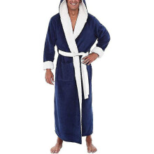 (Dark Blue, M) Bata de baño larga con capucha para hombre, suave y cálida, manga larga con cinturón.