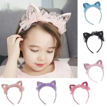 (Black) Girls Fabric Headband with Sequin Cat Ears Adjustable Hairband for School Outdoor Occasions