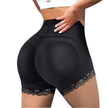 (Black, S) Pantalones cortos moldeadores con almohadillas extraíbles, de nailon y elastano, con ribete de encaje para moldear los muslos.