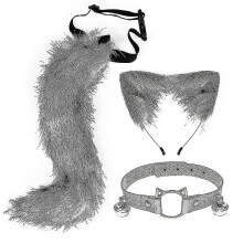(Dark grey) Cat Ear and Fox Tail Costume Set 3-Piece with Headband Tail Necklace for Role Play Cosplay
