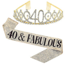 (Golden, 40 Years Old) Belt and Crown Set for Birthday Party Artificial Leather Shiny Celebration