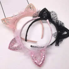 (Pink) Girls Fabric Headband with Sequin Cat Ears Adjustable Hairband for School Outdoor Occasions