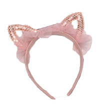 (Light Pink) Girls Fabric Headband with Sequin Cat Ears Adjustable Hairband for School Outdoor Occasions