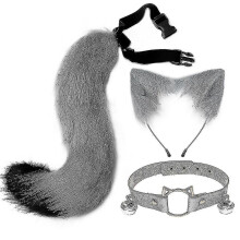 (Grey) Orecchie e coda a doppio strato con cuciture, set in morbida pelliccia artificiale, fascia regolabile, coda da 65 cm
