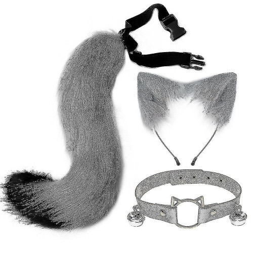 (Grey) Ensemble oreilles et queue double couche, fourrure artificielle douce, bandeau ajustable, queue de 65 cm