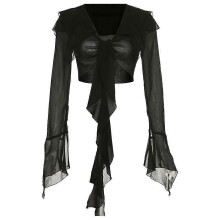 (XL) Camisa de manga larga con botones para mujer - Poliéster negro - Tallas S, M, L, XL