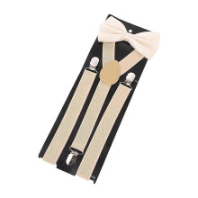 (beige) Conjunto de pajarita y tirantes para hombre con clips ajustables y cinta elástica de satén para ocasiones formales.