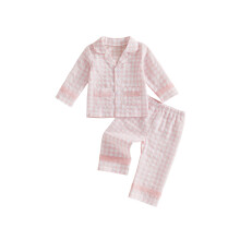 (4-5 Years, Pink) Kids Girls Fall Pajamas Lace Patchwork Plaid Button up Shirt and Pants