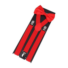 (red) Conjunto de pajarita y tirantes para hombre con clips ajustables y cinta elástica de satén para ocasiones formales.