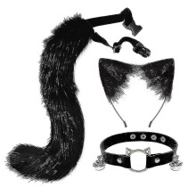 (Black) Cat Ear and Fox Tail Costume Set 3-Piece with Headband Tail Necklace for Role Play Cosplay