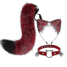(Red) Cat Ear and Fox Tail Costume Set 3-Piece with Headband Tail Necklace for Role Play Cosplay