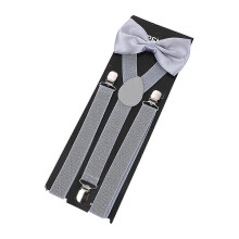 (gray) Conjunto de pajarita y tirantes para hombre con clips ajustables y cinta elástica de satén para ocasiones formales.