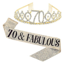 (Golden, 70 Years Old) Belt and Crown Set for Birthday Party Artificial Leather Shiny Celebration