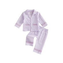 (6-7 Years, Purple) Kids Girls Fall Pajamas Lace Patchwork Plaid Button up Shirt and Pants