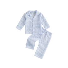 (2-3 Years, Blue) Kids Girls Fall Pajamas Lace Patchwork Plaid Button up Shirt and Pants